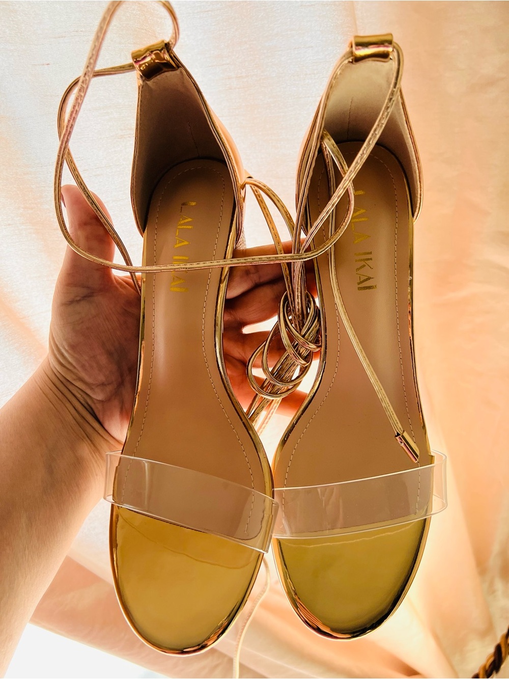 Lakai Gold Ankle-Tie Heels with Clear Front Strap NWOT